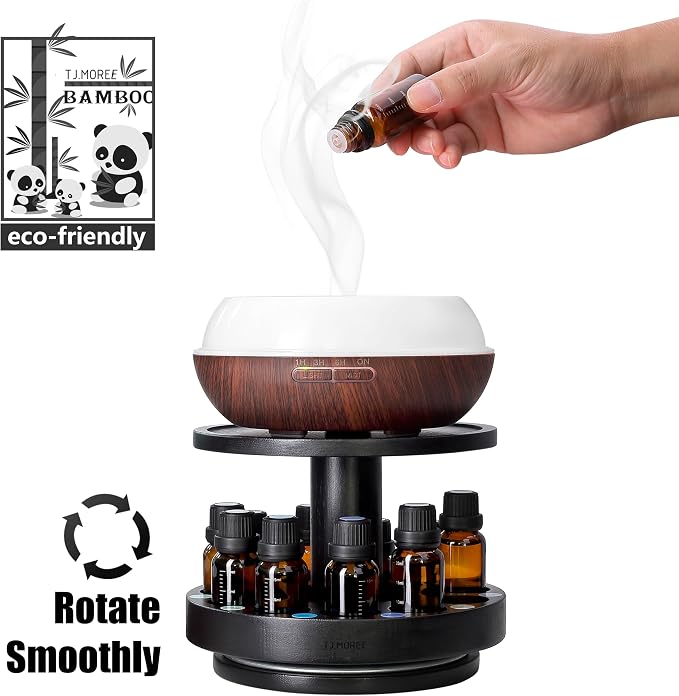 TJ.MOREE Bamboo Essential Oil Organizer 2-Tier Carousel Holder, Black | Bamboo Material, Fits 5 ml to 30 ml Essential Oil Bottles, Suitable for Home and Office Spaces