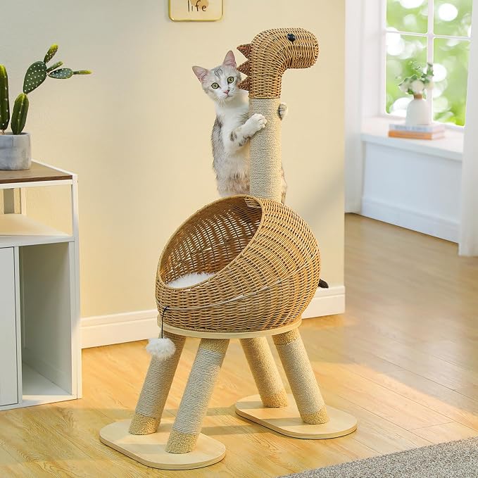 PAWZ Road Dinosaur Cat Tree 46” Cat Scratching Posts with Large Rattan Bed | Modern Cat Furniture with 18.5 Dia Cat Bed and Removable Mat, Themed Cat Tower 5 Scratching Posts for Indoor & Large Cats