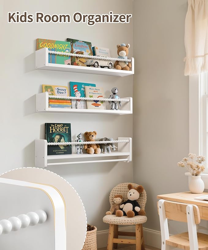Maxpeuvon Kids Bookshelves for Wall, 23 Inch White Floating Shelf Set of 3 | Natural Wood Nursery Shelves with Towel Bar, Wall Storage for Books, Toys and Decor, for Kids Room, Bedroom, Living Room