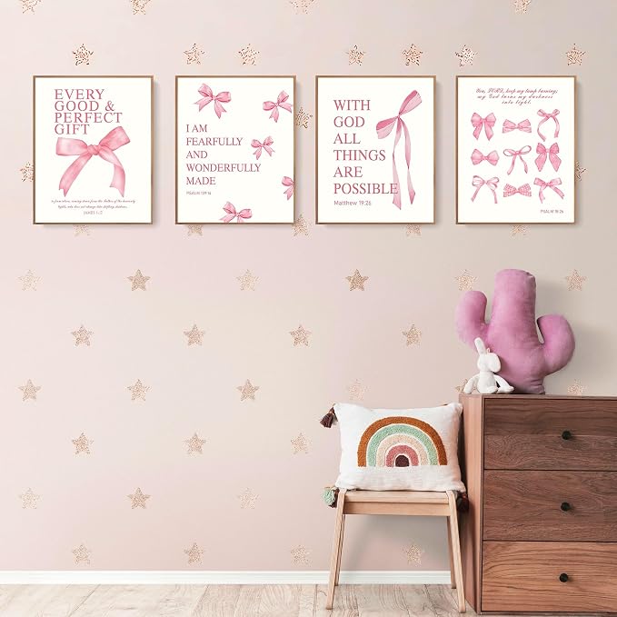 LARTSFRO Coquette Pink Bow Christian Wall Art Decor Posters, Pink Bow Room Bedroom Bathroom Dorm Wall Art Decor Aesthetic for College Teen Girls Gifts, Inspirational Bible Verses Bow Wall Decor, 12x16 Inch Set of 4 Pcs Bow Pictures (UNFRAMED)