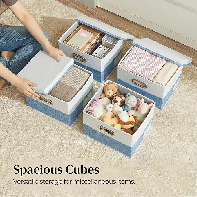Storage Bins with Lids [3-Pack] Linen Fabric Foldable Storage Boxes Organizer Containers Baskets Cube with Cover for Bedroom Closet Office Blue&White（11.4X8.6X6.7