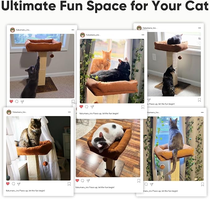 FUKUMARU Retro-Style Cat Scratching Post with Perch for Indoor Adult Cats | 28.7" Elevated Tall Cat Bed, Solid Wood Large Cat Scratcher Tower with Bed, Aesthetic Cat Tree Furniture with Natural Sisal