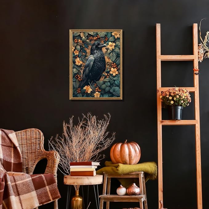 ICHZUMW Framed William Morris Raven Dark Academia Canvas Wall Art 12x16 In | Gothic Dark Cottagecore Crow Painting, Moody Floral Wall Decor for Bedroom Living Room Bathroom Office, Ready to Hang