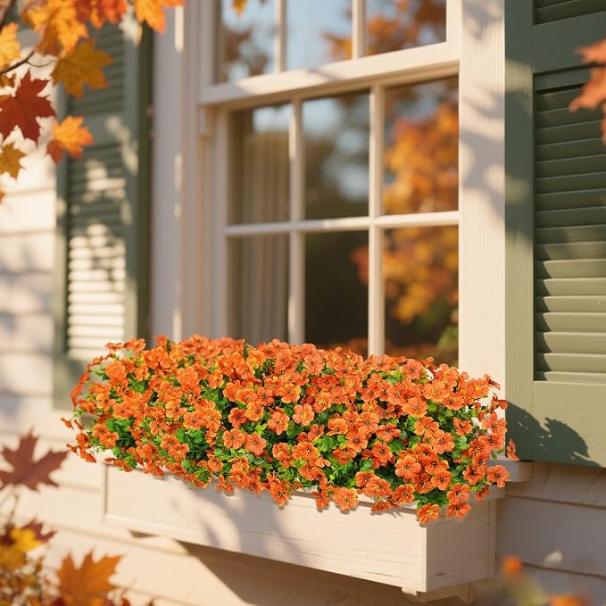 24 Pcs Artificial Fall Flowers, Fake Mums for Outdoors, Orange | Lifelike faux mums, silk flower, UV resistant, no-maintenance, for autumn Thanksgiving garden porch yard indoor outdoor decor