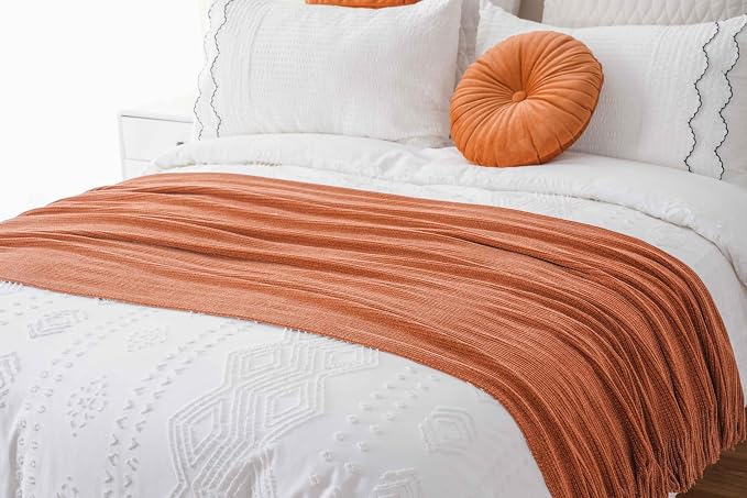 BATTILO HOME Rust Orange Throw Blanket for Couch, 50"x60" | Soft Chenille Knit Blanket with Tassels for Home Decor, Spring Fall Decor Throws for Couch Cover
