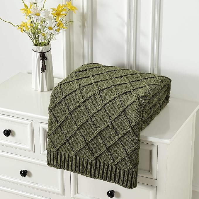 CREVENT Farmhouse Boho Knitted Throw Blanket for Couch Sofa Chair Bed Home Decoration, Soft Warm Cozy Light Weight for Spring Summer Fall (50''X60'' Chenille Green)