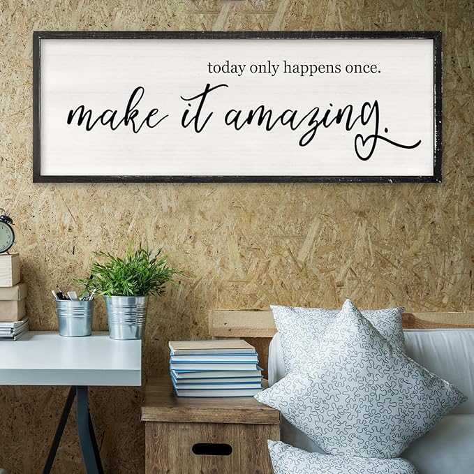 RLWangChao Today Only Happens Once Make It Amazing Wall Art 32"X12" Black | Large Inspirational Quote Sign Rustic Living Room, Vintage Wood Frame, Office Motivational Home Wall Hanging Decor