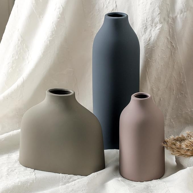 Enra Ceramic Vase Set of 3, Modern Decorative Vases for Home Decor | Three sizes with matte finishes, perfect for pampas grass, dried stems, shelves, mantels and neutral room styling.
