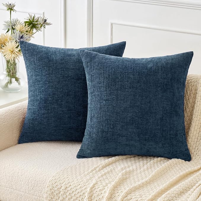 MIULEE Soft Chenille Throw Pillow Covers Blue 18x18 Inch Pack of 2 | Modern Coastal Home Decor, Classic Decorative Pillows, Solid Dyed Cases, Boho Couch Cushion Covers for Sofa Bed Living Room
