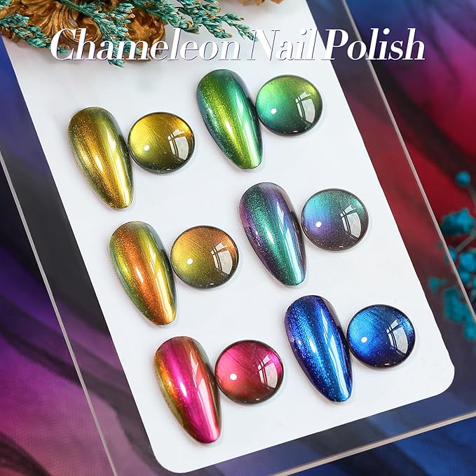 Born Pretty Chameleon Nail Polish Set, 6 Colors Chrome Holographic Metallic Glitter Quick Dry Nail Lacquer Kit Long Lasting DIY Fingernail Art Home Salon Valentines Gifts for Women Girls
