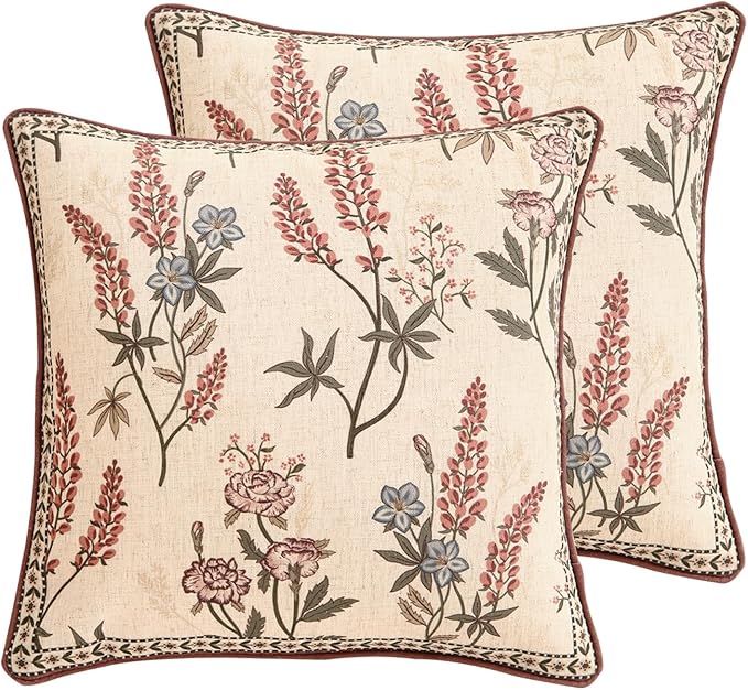 Designer Linen Throw Pillow Cover,Set of 2,18"x18"-Helena A | Vintage Elegant French Square Pillow Cover,Concealed Zipper Design,Floral Pattern,Sofas,Bedroom,Living Room,Lounge Chairs