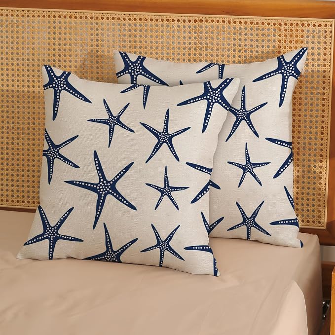 Navy Blue Starfish Pillow Covers 18x18 Inch Set of 2 Coastal Throw Pillows Spring Summer Nautical Ocean Theme Beach Decorative Pillow Cases Linen Outdoor Decor Cushion Case for Home Bedroom