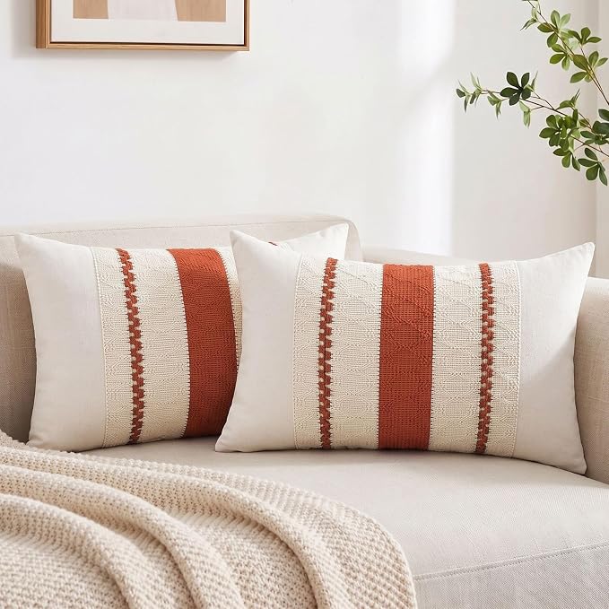 Fancy Homi Set of 2 Boho Burnt Orange Long Lumbar Decorative Throw Pillow Cover 16x24 Inch for Couch Bed Sofa Chair, Modern Organic Farmhouse Home Decor, Soft Cotton Cute Accent Rectangle Cushion Case