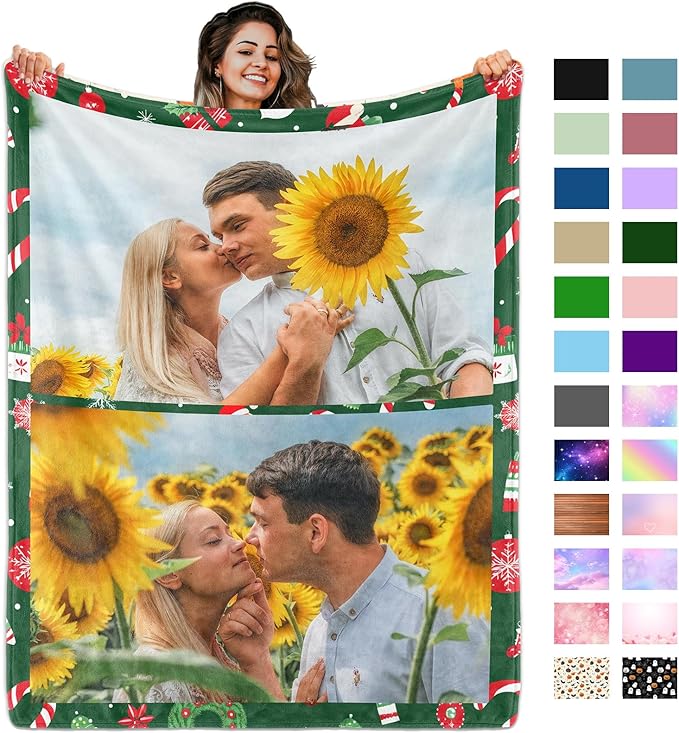 Custom Blanket with Picture Text, Personalized Photo Blanket, Customized Throw Blanket Gifts for Mom Dad Couple Girlfriend Boyfriend Wife Husband (2-Photo)