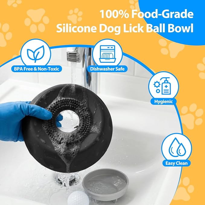 Dog Licking Bowl with Rolling Ball - Slow Feeder Dog Lick Bowls for Yogurt Liquid Treat, Anti-Slip Entertained Bone Broth 5/6 Cup Pup Licking Toy for Large Medium Small Pet Cats Dietary Black