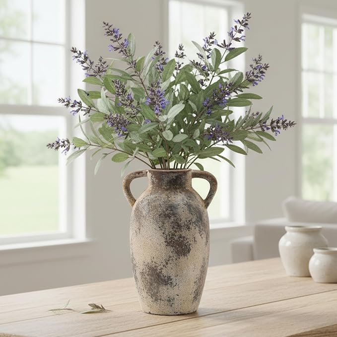 PORCER 9.84 Inch Ceramic Vase with Handles, Tuscan Decor Antique Terracotta Vase, Rustic Decorative Flower Vase for Home Decor, Farmhouse, Living Room, Table, Bedroom, Office, Entrance- Gray
