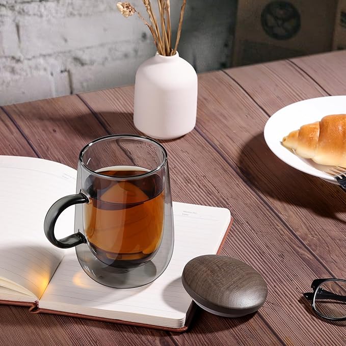 glastal Tea Infuser Mug 14.5oz Glass Tea Cup with Removable Stainless Steel Infuser and Lid, Double-walled Black Glass Tea Cup Teacup for Loose Leaf Tea, Birthday for Parents Dad Mum Friends Office