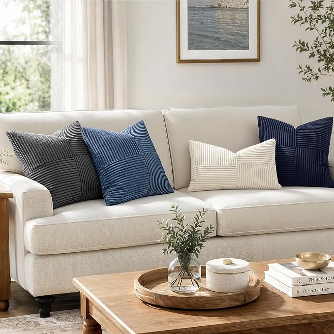 MIULEE Dusty Blue Decorative Throw Pillow Covers for Couch 18x18 Inch | 2 Pack, Boho Farmhouse Pillow Covers, Soft Cross Corduroy Patchwork Textured Cushion Cases For Bed Sofa