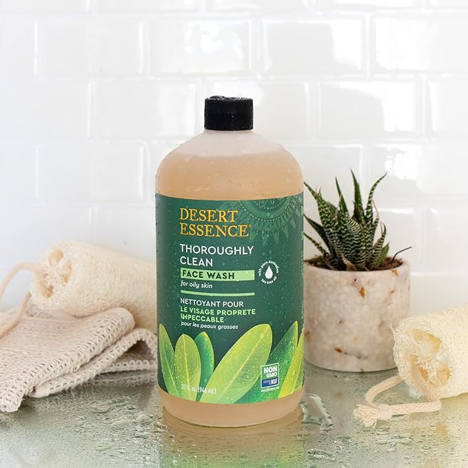 Desert Essence Thoroughly Clean Face Wash - Original - 32 Fl Oz - Pack of 2 -Tea Tree Oil -For Soft Radiant Skin - Gentle Cleanser - Extracts Of Goldenseal, Awapuhi, & Chamomile Essential Oils
