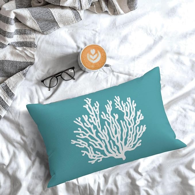 Coastal Pillow Covers 12x20 Set of 2 Aqua Teal Turquoise Coral Starfish Throw Pillows Nautical Ocean Decorations Summer Linen Beach Pillowcase Outdoor Decor Farmhouse Cushion Case for Couch