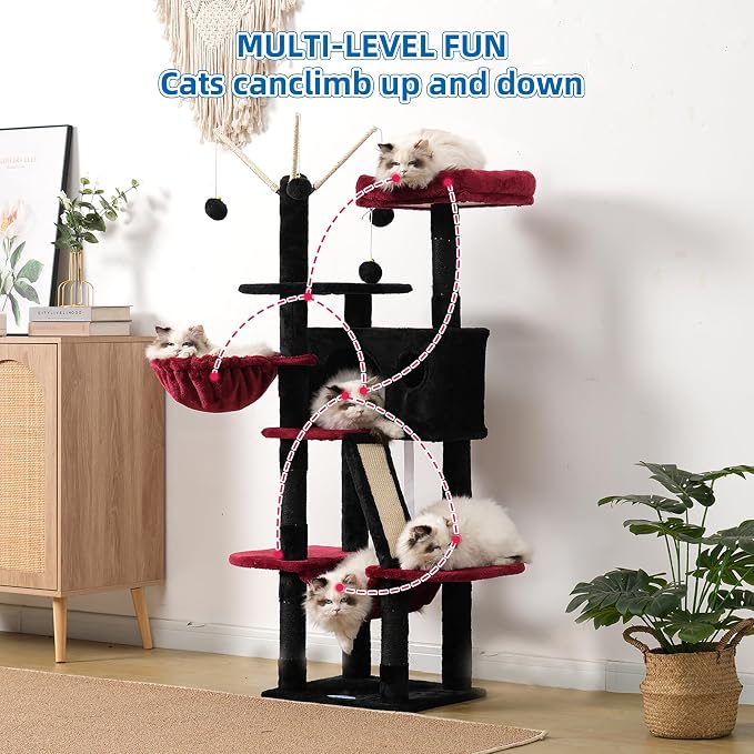 Hey-brother Cat Tree Tower with Padded Platform Bed, Hammock, MPJ019-SBR | 53 Inches Cat House with Large Cozy Condo, Toy Balls and Sisal Scratching Posts for Indoor Multi-Cats, Black and Red