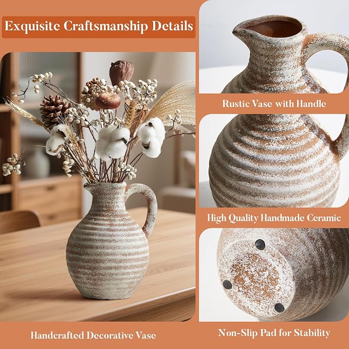 Ceramic Flower Vase Rustic Terracotta Vase with Handles,8 Inch | Neutral Clay Pitcher Antique Vase,Vintage Farmhouse Vases for Home Decor,Living Room,Table