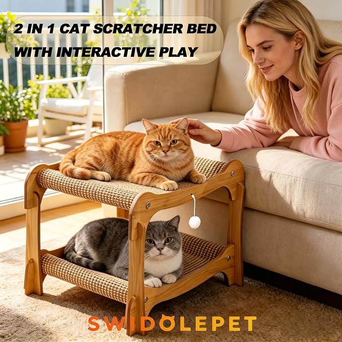 Two Level Sisal Cat Scratcher Bed | Natural Sisal Scratcher, Double Plush Perches, Non-Slip, Tool-Free Assembly for Indoor Apartment Cats Furniture Protection