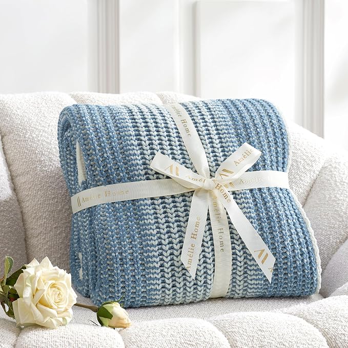 Premium Chenille Throw Blanket, Soft Cozy Luxury Two-Tone Knit Blanket for Couch, Sofa, Chair, Home Decor, Blue & Ivory 50"x60"