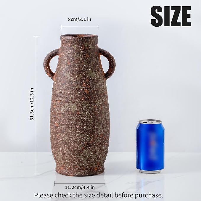 Ceramic Rustic Vase, 12.3 Inch Farmhouse Decorative Flower Vase for Home Decor, Rusty Vase for Living Room Bedroom Kitchen Office Decor Centerpiece Table Decorations