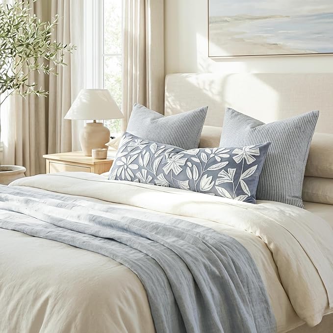 Long Lumbar Pillow Cover 14x36 for Bed, Coastal Dusty Blue Floral Tufted Velvet Accent Oversize Throw Pillowcase for Bedroom, Cover Only