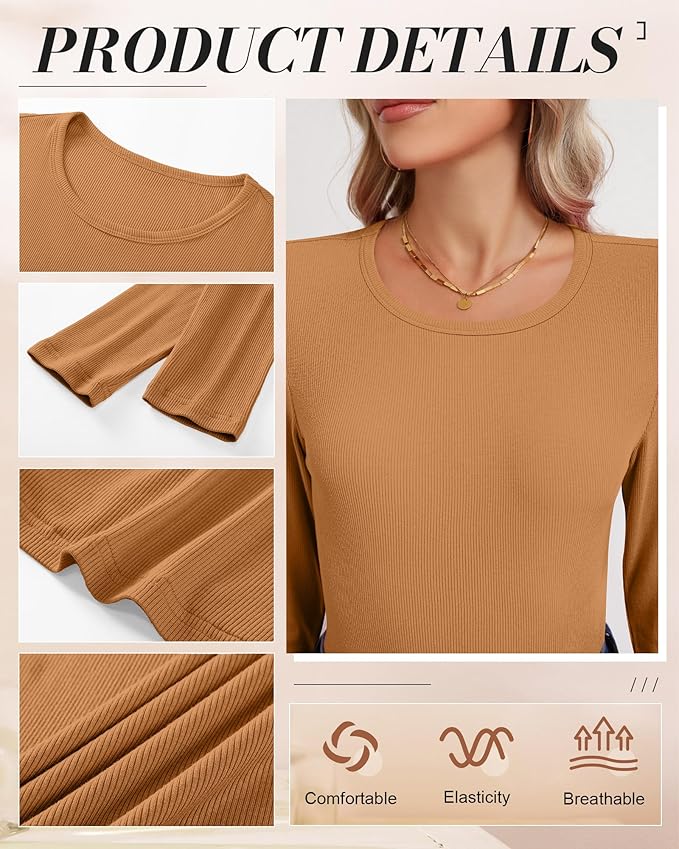 Ficerd 3 Pack Women's Ribbed Long Sleeve Tops, Crew Neck Slim Fit Undershirts Knit Basic Casual Stretch Layering Tee Shirts
