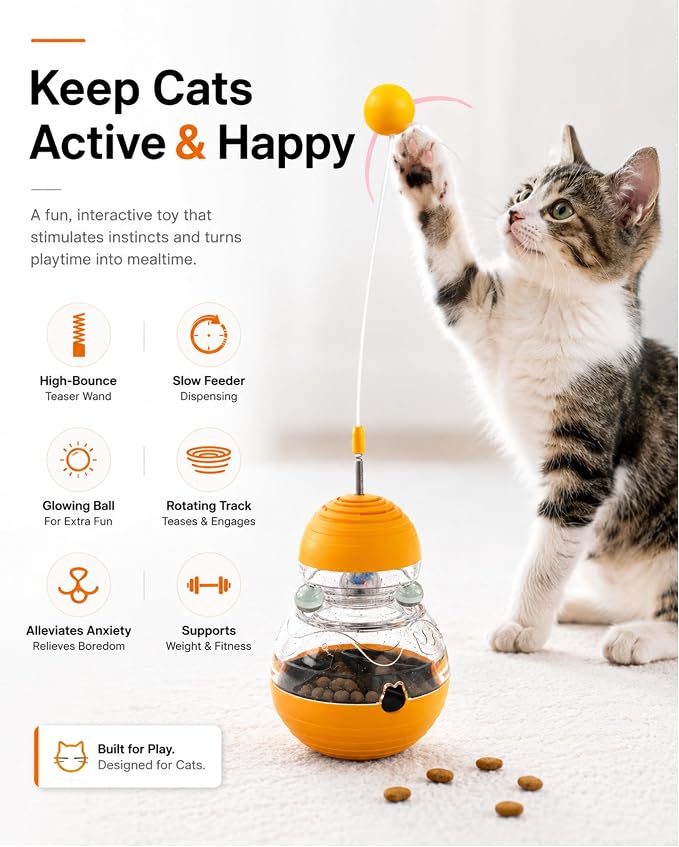 Cat Toy for Indoor Cats: Interactive Wobble Treat Dispenser Ball with Puzzle Feeder, Teaser Wand & Mental Stimulation