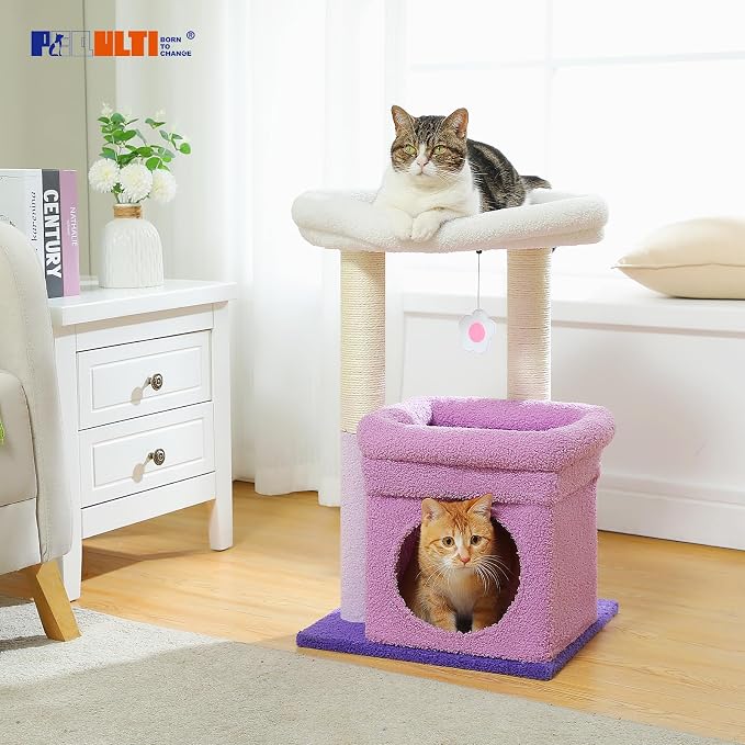 PEQULTI Indoor Cat Tree Tower Small Cats, Sisal Post & Cozy Condo, Purple | Private soft cat condo, soft top perch, natural sisal scratch posts, plush pom-pom toy for indoor kitties