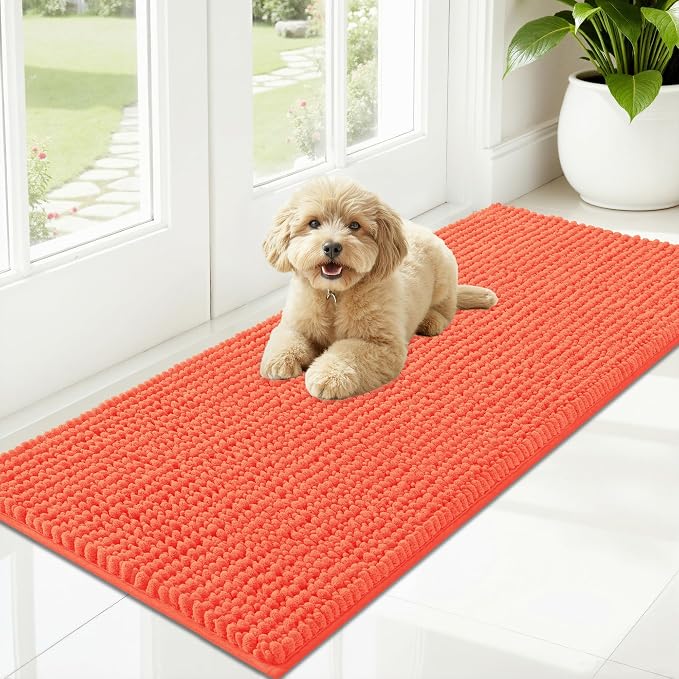 OLANLY Dog Door Mat for Muddy Paws 59x20, Extra Absorbent Chenille Mud Mat | Coral, Absorbs Moisture and Dirt, Non-Slip Machine Washable Doormat, Quick-Drying Indoor Entryway Floor Mat for Dogs