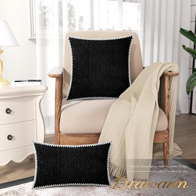 BRAWARM Chenille Throw Pillow Covers 20x20 Inches, Black, 2 Pack | Decorative Pillow Covers with Shell Edge, Soft Cushion Cases for Sofa Bed Living Room Home Farmhouse (No Insert)