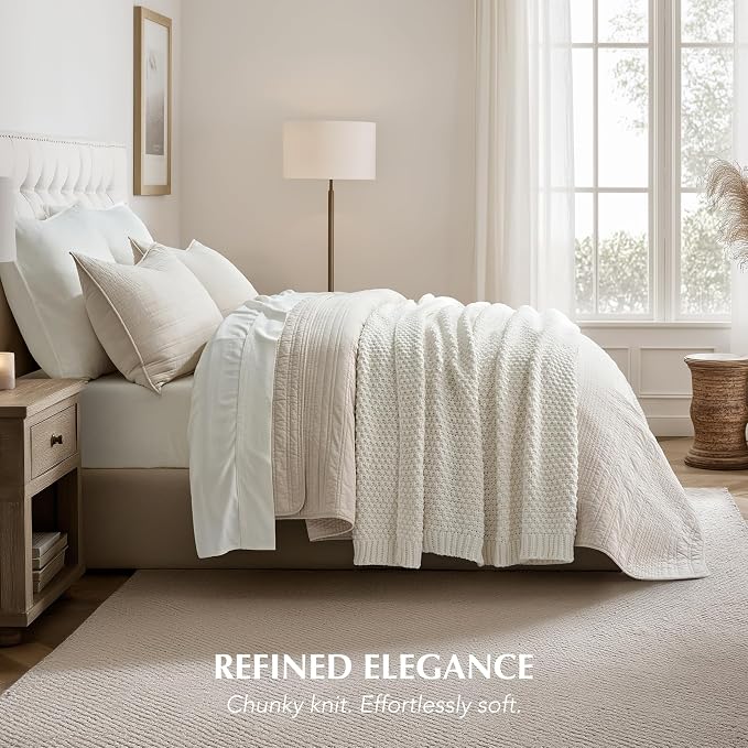 EVERGRACEHOME Chunky Chenille Knit Throw Blanket, 60 x 80, Bright White | Sculpted Moss Stitch, Chic Modern Farmhouse, All-Season Warmth, OEKO-TEX® Certified, Elegant Blanket for Couch, Bed, Sofa