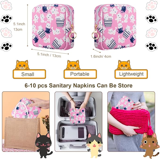 Likesing Tampon Holder for Purse, Canvas Period Bag Sanitary Napkin Storage Bag for Girls Womens, Portable Feminine Emergency Pad Period Pouch(Teacup White Cat)