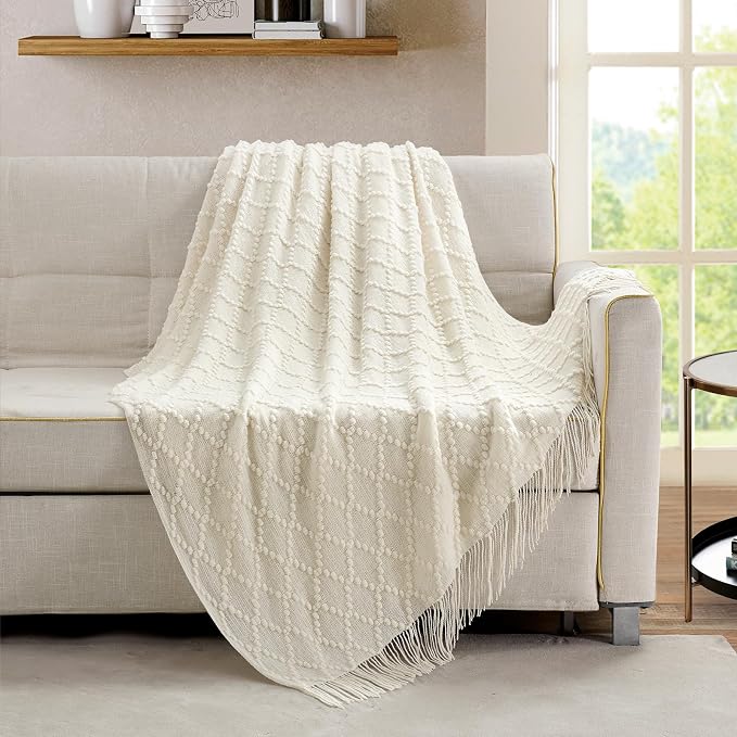 BOURINA White Throw Blanket 50 x70 Inch Jacquard Throw Knitted Blanket | Jacquard Argyle Throw Textured Solid Soft Throws and Blankets for Sofa or Bed Knitted Decorative Blanket