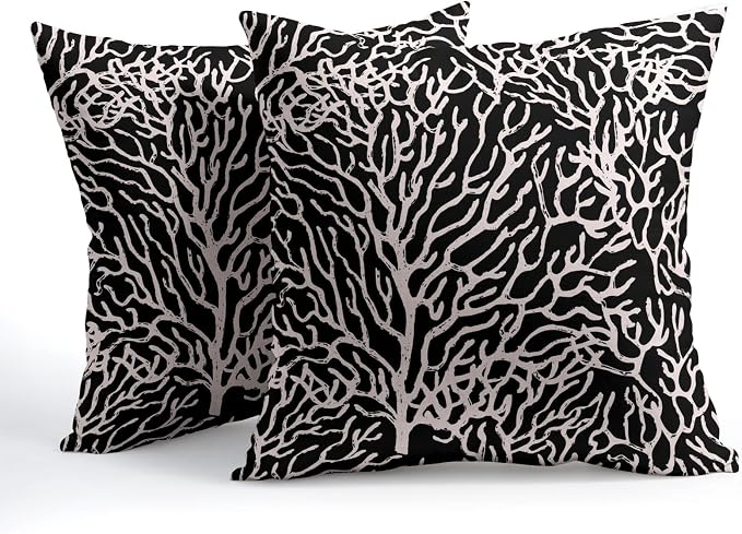 Nautical Coastal Coral Pillow Covers 16x16 Inch Set of 2 Summer Ocean Beach Black Decorative Pillow Cases Outdoor Linen Cushion Cover Farmhouse Decor for Bedroom Home Sofa Couch Bed