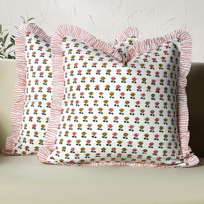 CPC Rosette Bloom Hand Block Print 100% Cotton Ruffle Throw Pillow Cover 20x20 inch with Hidden Zipper Decorative for Couch, Bed, Sofa, Farmhouse, Cottagecore Decor Gift Christmas Fall Thanksgiving