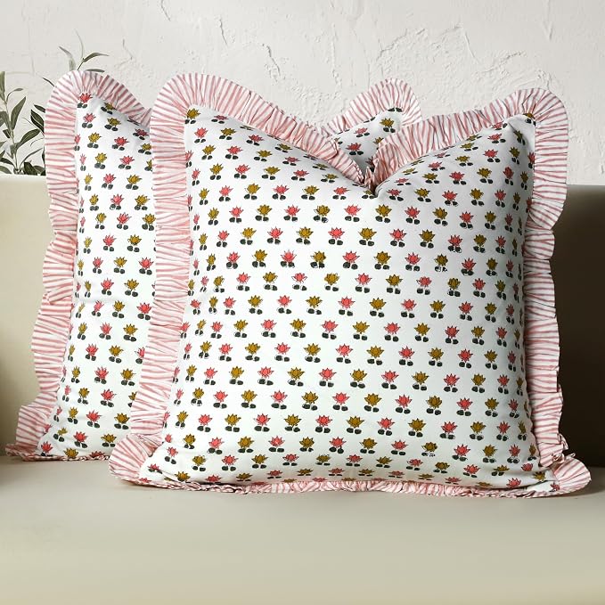 CPC Rosette Bloom Hand Block Print 100% Cotton Ruffle Throw Pillow Cover 18x18 inch with Hidden Zipper Decorative for Couch, Bed, Sofa, Farmhouse, Cottagecore Decor Gift Christmas Fall Thanksgiving