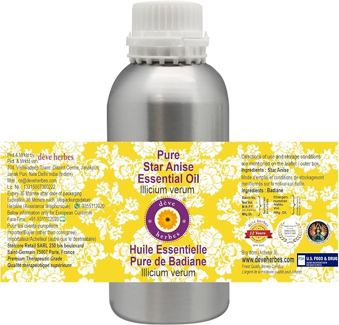 Deve Herbes Pure Star Anise Essential Oil (lllicium verum) Steam Distilled 300ml (10 oz)