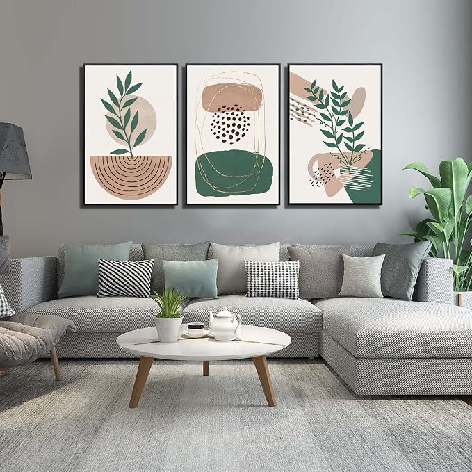 Framed Boho Wall Art for Living Room, Botanical Canvas Wall-Decor for Bedroom, Bohemian Minimalist Picture Prints, Size 24 x 36 Inches 3-Pieces