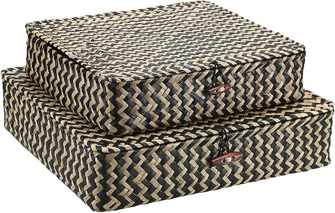 Hipiwe 2Pcs Flat Wicker Woven Basket with Lid Natural Seagrass Storage Box | Shelf Baskets Bin for Home Decor, Multipurpose Household Basket Organizer, Set of 2, Blacks Strips