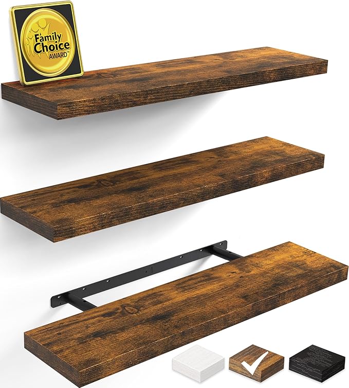 BAYKA Rustic Brown Floating Shelves 35.4in, Set of 3, Wall Mount Wood Shelf | Easy Install, 30lbs Max Load, Hidden Bracket, for Living Room Bathroom Bedroom Kitchen Storage Decor, Multi-Wall Compatible