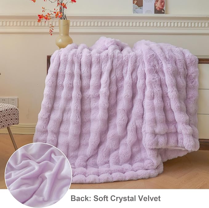 LIFEREVO Luxury Fluffy Faux Rabbit Fur Throw Blanket 50x60, Lavender | Plush Bubble Blanket for Bedroom Living Room Office, Decorative Soft Furry Light Purple Lap Throw for Girls Woments, Washable