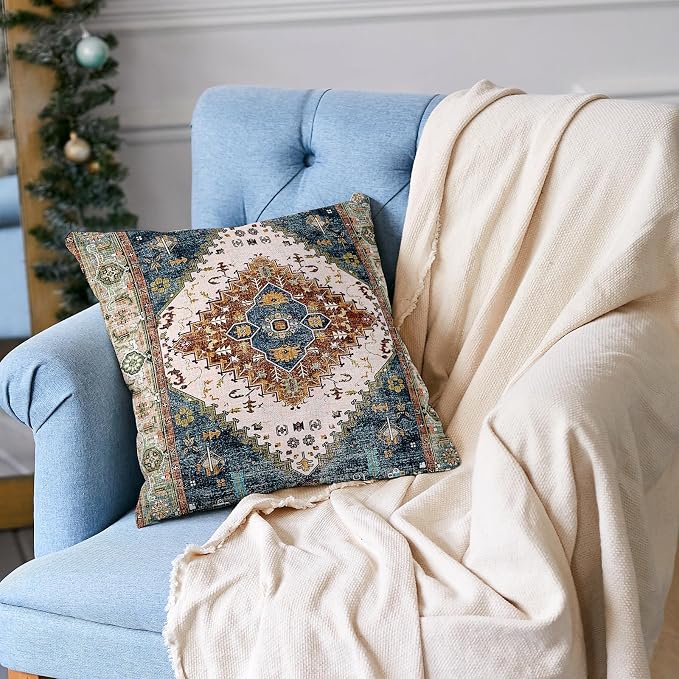 Boho Throw Pillow Covers 22x22 inch Set of 2,Soft Pillowcases Bohemia Carpet Printing Pattern Decorative Sofa Living Room Bed Square Pillow Case Cushion Cover-Blue Green