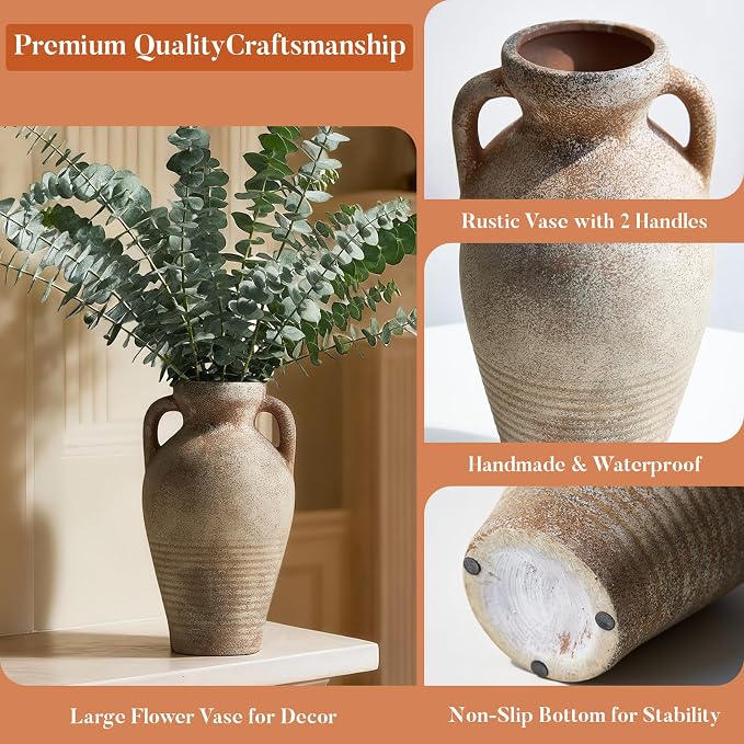 Ceramic Vase with Handles,11 inch Tall Brown Terracotta Vase | Handcrafted Rustic Farmhouse Style,Decorative Pottery Clay Vase,Home Decor,Table Centerpiece