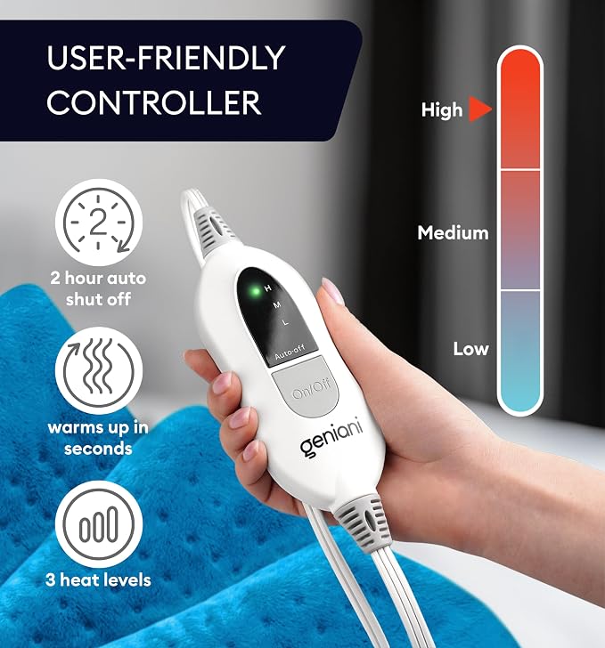 GENIANI Electric Heating Pad for Back Pain & Cramps Relief, Electric Throw, Self Care Gifts for Women, Heating Pad for Neck & Shoulder, Machine Washable Microplush, Auto Shut Off (12×24", Aqua Blue)