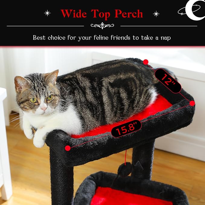 PEQULTI Indoor Cat Tree Tower Small Cats, Sisal Post & Cozy Condo, Black | Private soft cat condo, soft top perch, natural sisal scratch posts, plush pom-pom toy for indoor kitties